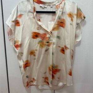 Vince Cream Floral Blouse with Mandarin Collar and Cap Sleeves